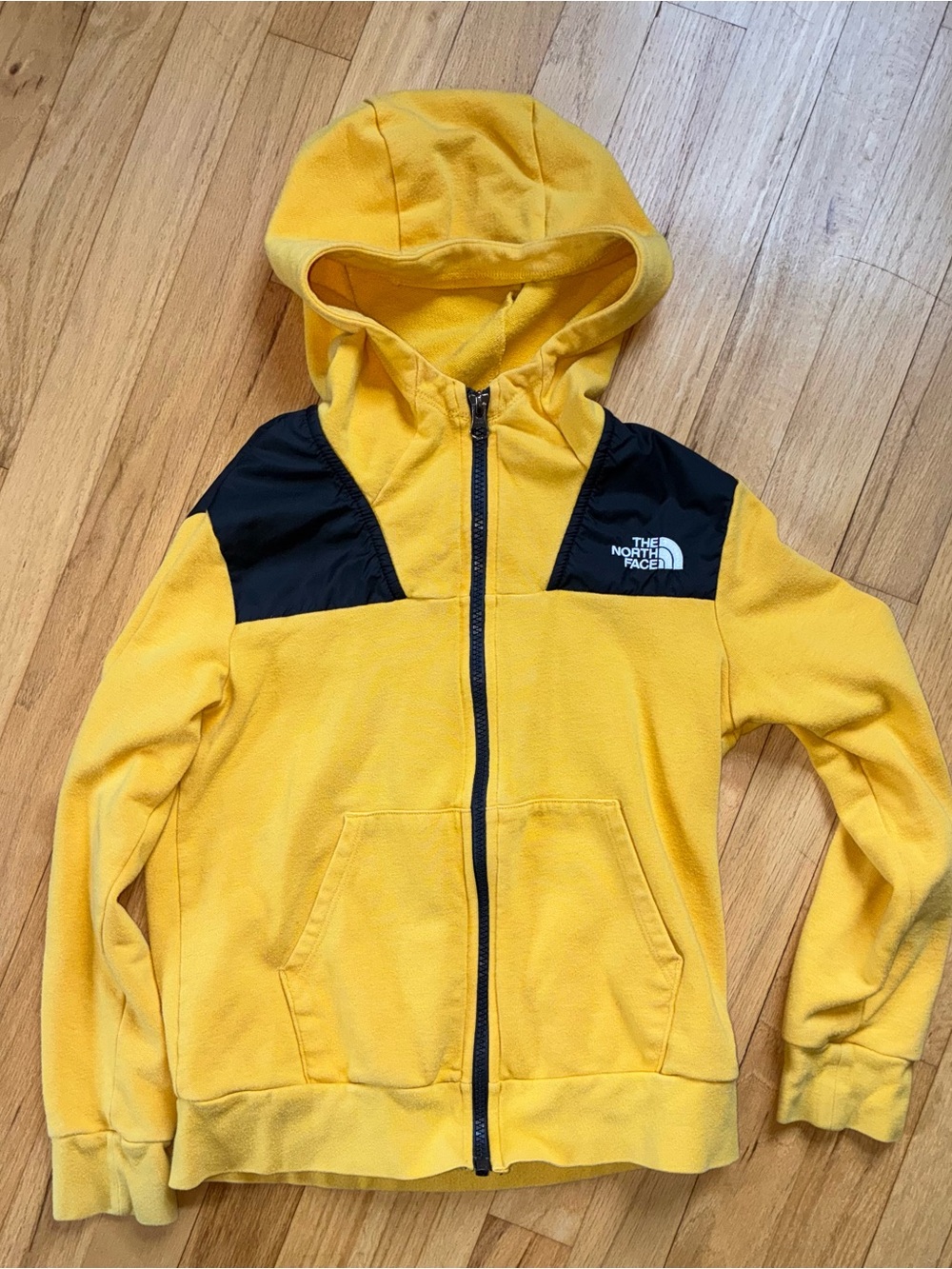 The North Face Kids Yellow Hooded Zip Fleece with Black Shoulder Panels